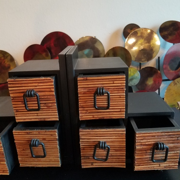 Vintage Wood with Bamboo Pullout Drawer Bookends - Picture 4 of 7